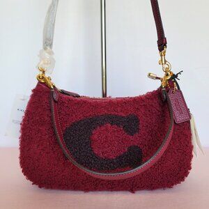 COACH Shearling & Leather Teri Shoulder Bag with Coach Motif- Black Cherry ⭐